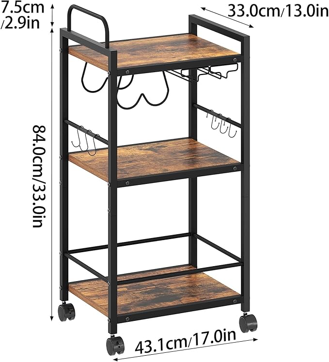 Bar Cart for The Home, 3 Tier Kitchen Carts with Wheels, Small Rolling Cart with Glass Holders, Wine Rack, Mini Bar Cart for Kitchen, Dining room, Living Room, 13.0"D x 17.0"W x 33.8"H, Rustic Brown
