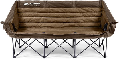 Huskfirm 3 Person Camping Chairs Folding Double Camp Chair for Adults Brown | Oversized Loveseat Camping Chair Padded Heavy Duty Camping Couch for Outdoor Lawn with Two Cup Holders and Carry Bag