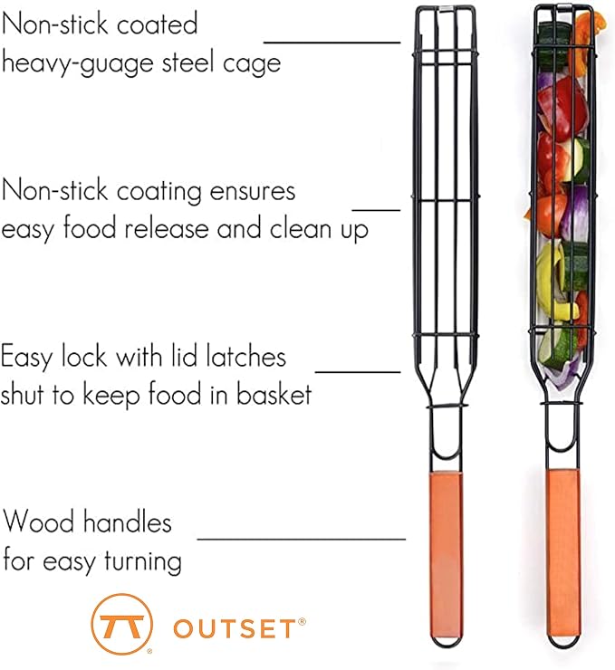 Outset Non-Stick Kabob Grill Basket, Set of 4 19.5" x 2" x 1.5" BBQ Baskets | Easily Make Kabob Skewers On The Grill | Set of 4 Durable Carbon Steel Grill Baskets With Wood Handles | Barbeque Essentials