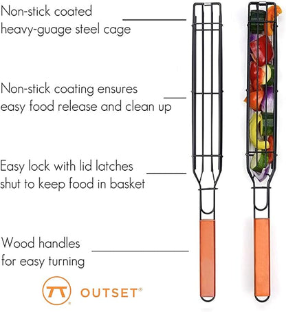 Outset Non-Stick Kabob Grill Basket, Set of 4 19.5" x 2" x 1.5" BBQ Baskets | Easily Make Kabob Skewers On The Grill | Set of 4 Durable Carbon Steel Grill Baskets With Wood Handles | Barbeque Essentials
