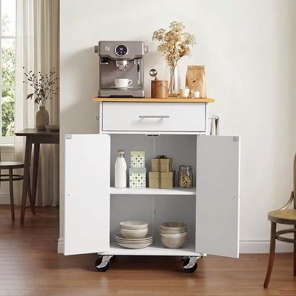 VEVOR Kitchen Island Cart with Storage, 24.84 in Wide Mobile Rolling Storage Island on Swivel Wheels, with Drawer, Storage Cabinet, Towel Rack, Hooks, Table for Home Dining Room, White