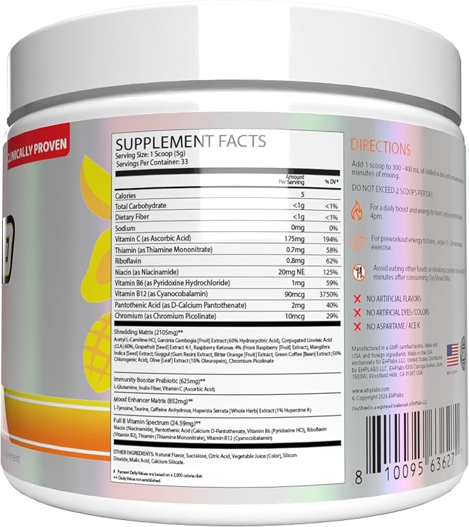 EHP Labs OxyShred Pre Workout Powder - Mango, 33 Servings | Supports Energy, Focus and Endurance with Acetyl L Carnitine and L Glutamine, Thermogenic Formula, Sugar Free, Zero Jitters