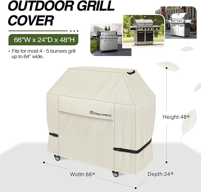 Porch Shield 64W x 24D x 48H inch Premium Gas Grill Cover Up to 64 inch, Waterproof and Fade Resistant 600D BBQ Covers for Weber, Brinkmann, Char-Broil and More, Light Tan