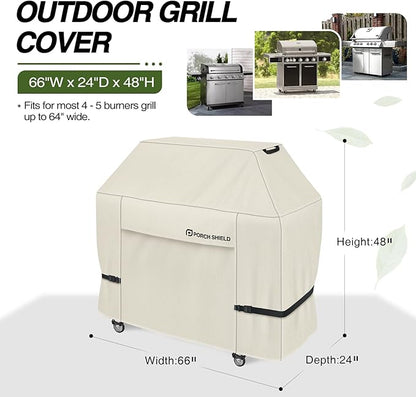 Porch Shield 64W x 24D x 48H inch Premium Gas Grill Cover Up to 64 inch, Waterproof and Fade Resistant 600D BBQ Covers for Weber, Brinkmann, Char-Broil and More, Light Tan