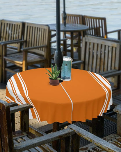 Queenker Fall Outdoor Tablecloth with Umbrella Hole, Farmhouse Orange White Stripe Round Tables Zippered Table Cloth Waterproof Tabletop Cover Collection for Patio, Garden, Picnic, Camping, Dining