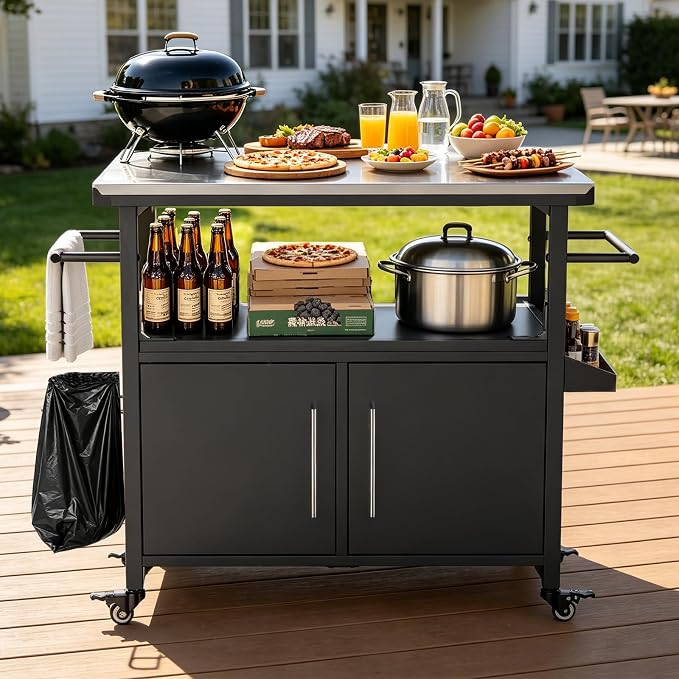 KEIKI Outdoor Grill Cart with Stainless Steel Top, Storage Cabinet & Wheel