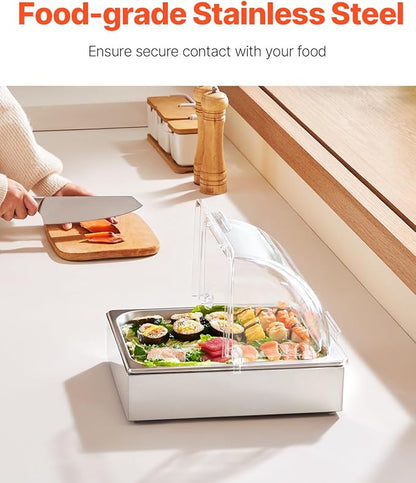 VEVOR Countertop Food Serving Display Container, 1 x 1/2 Pan Stainless Steel Food Serving Tray, Buffet Condiment Dispenser Display Rack with Clear Lid & Ice Tray, for Restaurant Hotel Kitchen Party