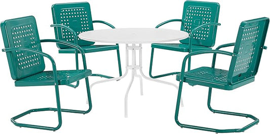 Crosley Furniture Bates 5-Piece Outdoor Dining Set for 4, Retro Metal Round Patio Table and Chairs for Deck, Turquoise Gloss