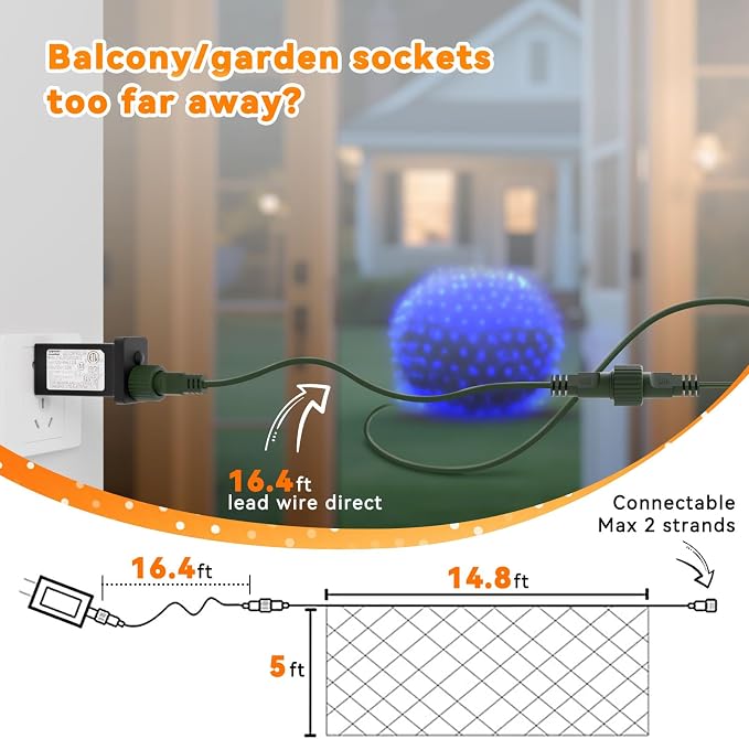 LitHome 14.8FT x 5FT Christmas Net Lights Outdoor Mesh Lights Connectable | 8 Modes 300 LED Blue Net Light Green Wire, Waterproof Giant Christmas Mesh Light for Bushes Garden Yard Party Decor