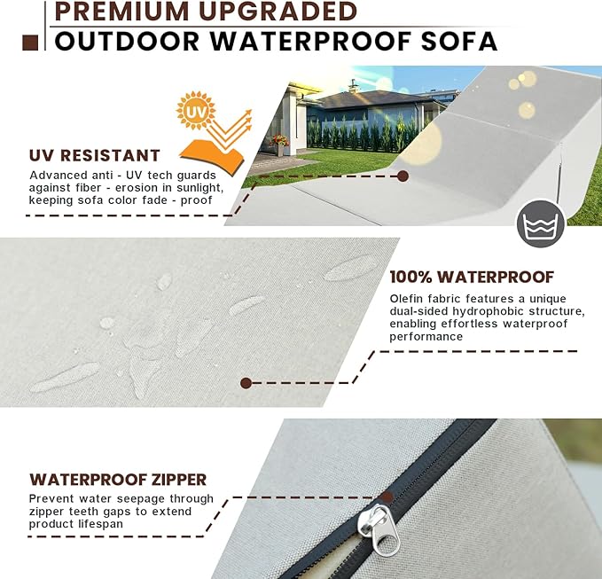 jela Outdoor Sofa, Waterproof Folding Lounge Chair and Sofa, UV Resistant Patio Sofa with Machine Washable Cover, Soft Foam Outdoor Bed Pool Lounge Chaise Chairs (Sand)