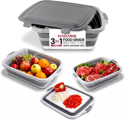 Collapsible BBQ Prep Tub with Cutting Board Lid (8L) - Extra Large Meat Marinating Container & Marinade Tray for Grilling, Smoker, Brisket - Portable Camping Food Prep Station (Gray)