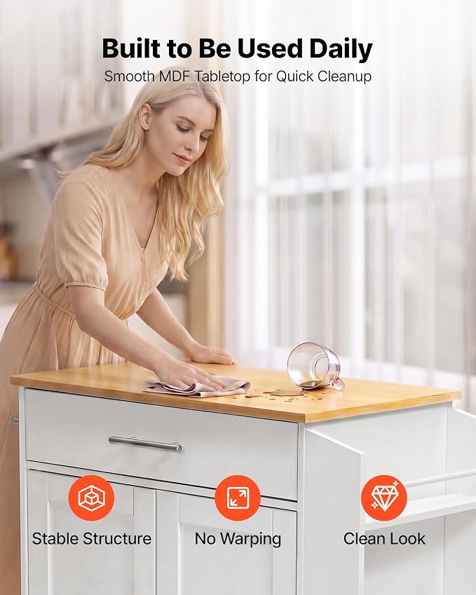 VEVOR Kitchen Island Cart with Storage, 31.3 in Wide Mobile Rolling Storage Island on Swivel Wheels, with Drawer, Storage Cabinet, Spice/Towel Rack, Table for Home Dining Room, White