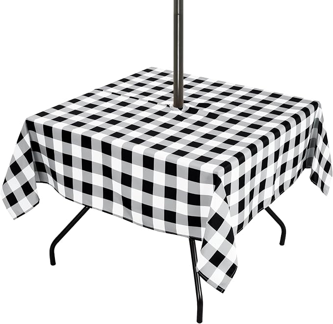 Poise3EHome Square Outdoor Tablecloth with Umbrella Hole and Zipper,Black and White Gingham 60x60 Inch,SpillProof Washable Table Cloth for Spring Summer Patio Garden Poolside Picnic Camping BBQS