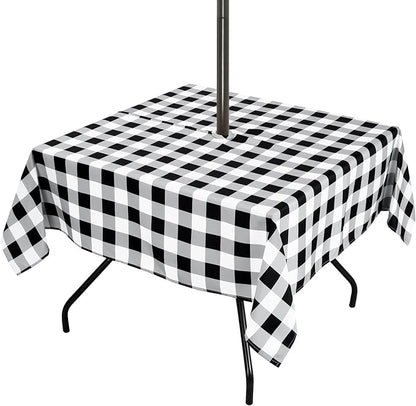 Poise3EHome Square Outdoor Tablecloth with Umbrella Hole and Zipper,Black and White Gingham 60x60 Inch,SpillProof Washable Table Cloth for Spring Summer Patio Garden Poolside Picnic Camping BBQS