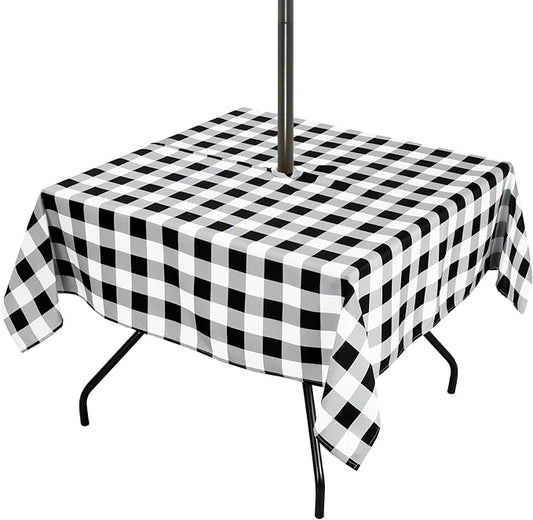 Poise3EHome Square Outdoor Tablecloth with Umbrella Hole and Zipper,Black and White Gingham 60x60 Inch,SpillProof Washable Table Cloth for Spring Summer Patio Garden Poolside Picnic Camping BBQS