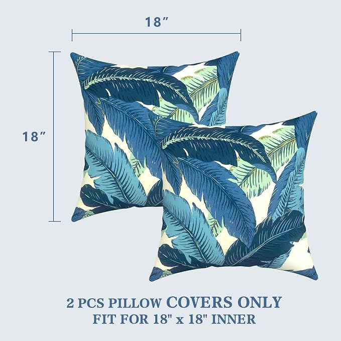 LVTXIII 2 Pack Outdoor Pillow Covers ONLY 18x18 Inch, Water-Repellent Square Decorative Cushion Covers for Patio Furniture, Garden, Sofa, Swaying Palms Blue