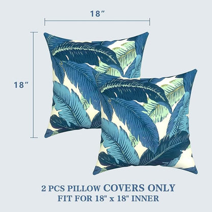 LVTXIII 2 Pack Outdoor Pillow Covers ONLY 18x18 Inch, Water-Repellent Square Decorative Cushion Covers for Patio Furniture, Garden, Sofa, Swaying Palms Blue