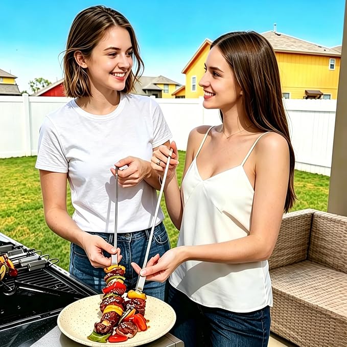 16.5" Metal Skewers for Grilling, Stainless Steel Flat Kabob Skewers | Reusable BBQ Skewers for Kebab Barbecue Grill with Push Bar, Heavy Duty Skewer Sticks for Outdoor Camping Kitchen Cooking