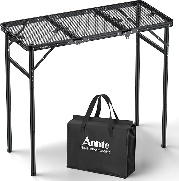 Anbte 3ft Tri-fold Grill Table, 3 Adjustable Heights Max 29.5", Black | Sturdy Metal Grill Table with Storage Bag, Heat-Resistant Tabletop, Portable Handle for Cooking BBQ Outdoor Travel, 35" x 16"