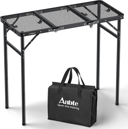 Anbte 3ft Tri-fold Grill Table, 3 Adjustable Heights Max 29.5", Black | Sturdy Metal Grill Table with Storage Bag, Heat-Resistant Tabletop, Portable Handle for Cooking BBQ Outdoor Travel, 35" x 16"