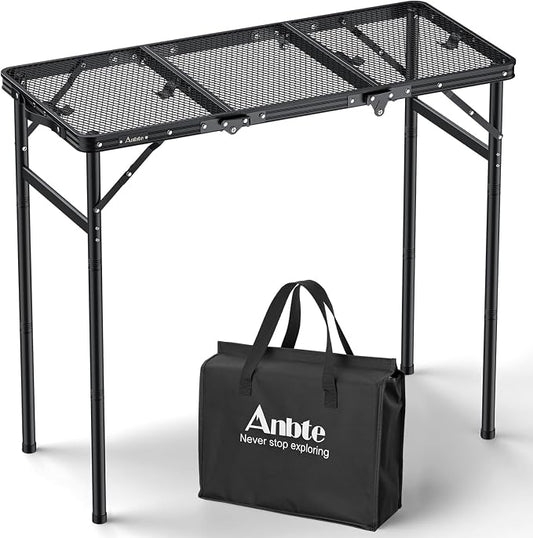 Anbte 3ft Tri-fold Grill Table, 3 Adjustable Heights Max 29.5", Black | Sturdy Metal Grill Table with Storage Bag, Heat-Resistant Tabletop, Portable Handle for Cooking BBQ Outdoor Travel, 35" x 16"