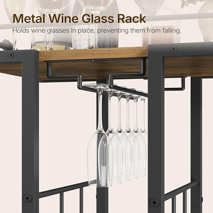 Bar Cart, 3-Tier Serving Cart with Wine Glass Rack, Drink Cart with Wheels, Rolling Beverage Cart, for Living Room, Party, Rustic Brown BC10BR