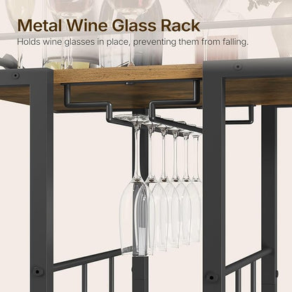 Bar Cart, 3-Tier Serving Cart with Wine Glass Rack, Drink Cart with Wheels, Rolling Beverage Cart, for Living Room, Party, Rustic Brown BC10BR