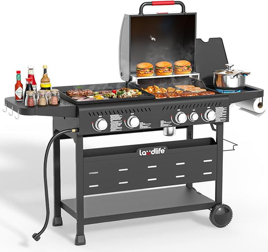 LAUDLIFE 5-Burner Propane Grill Griddle Combo with Side Burner, Dual Zone BBQ Gas Grill, Non-Stick Porcelain-Enameled Surface, Easy to Clean, 702 Sq.In. Cooking Area, Heavy-Duty Stand for Backyard