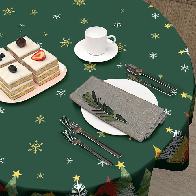 Sweetshow Xmas Trees Table Cloth Round 70 Inch Polyester Table Cover | Green Xmas Table Cloth Round White Snowflake Tablecloth Washable Stain and Wrinkle Xmas Round Table Cover for Dining Picnic