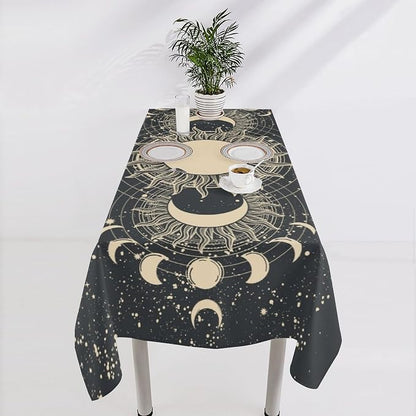 Vintage Tarot Tablecloth Boho Mystical Astrologer Zodiac Full Moon Phases Star Galaxy Space Table Cloth Water Resistant Wipeable Table Cover for Picnic Party Holiday Kitchen Dinner Table 60"x120"