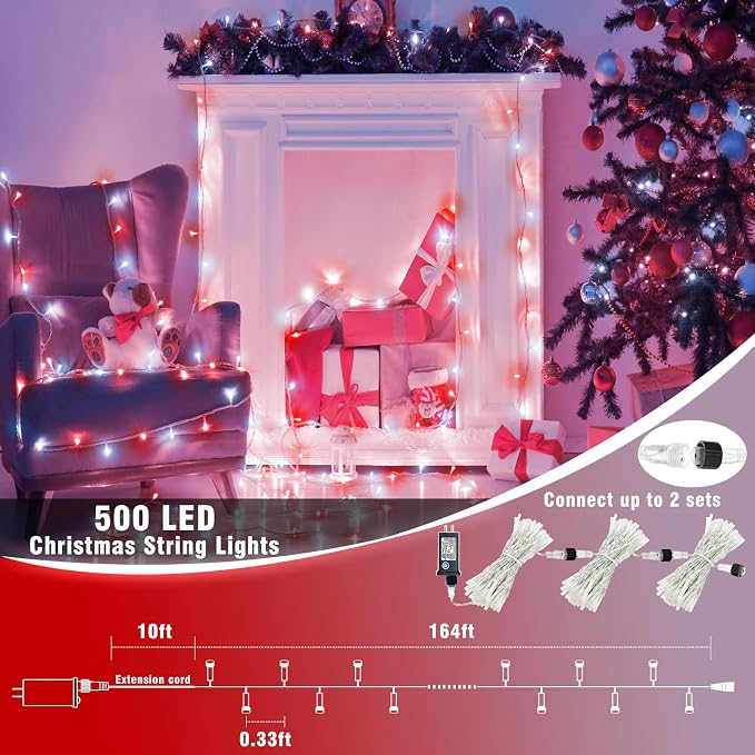 500 LED Christmas Lights Outdoor - 165ft Christmas String Lights 8 Modes Plug in Waterproof Twinkle Fairy Light with Timer Memory for Indoor Outside Bedroom Home Party Decoration, Red&White