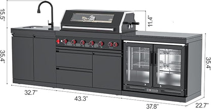 SERA C 6-Burner Propane 3-Piece Modular Outdoor Kitchen Black Set | Black 304 stainless steel, 87,900 BTU + infrared, 115L double fridge, dual sink, soft-close, locking casters, patio backyard