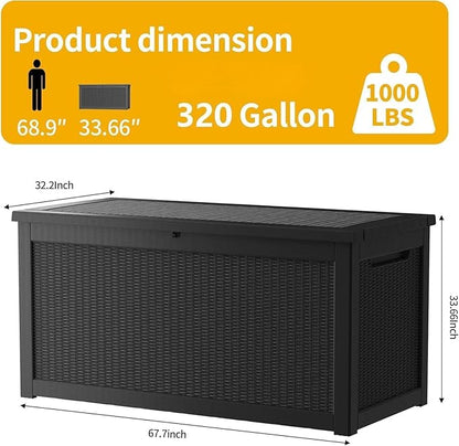 Outdoor Storage Box, 320 Gallon Lockable Resin Deck Box Large Waterproof, Patio Storage Bin for Furniture Cushion, Garden Tools and Pool Accessories, UV-Resistant Bench for Outside, Black