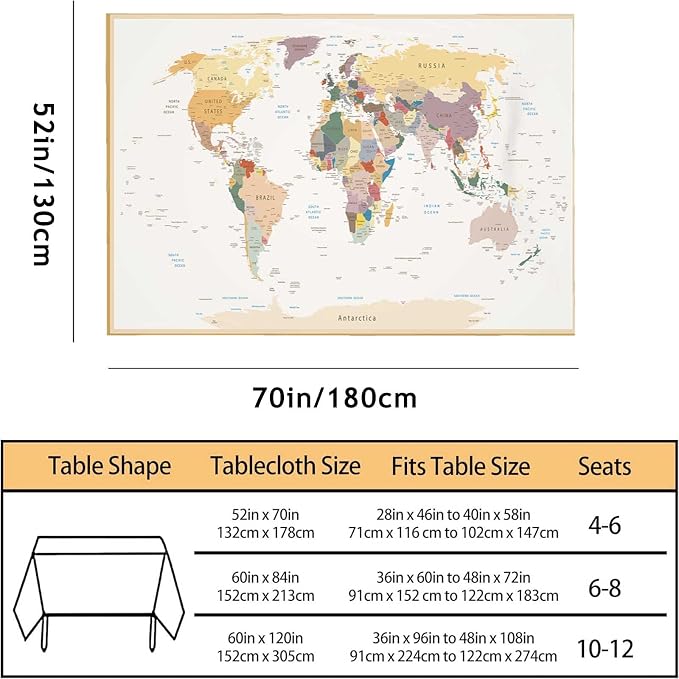 TKS MITLAN World Map Decorative Rectangle Tablecloth Vintage Colors Highly Detailed Political Polyester Table Cloths Kitchen Table Cover for Dining BBQ Picnic Coffee Table 52 x 70 Inch 4-6 Seats
