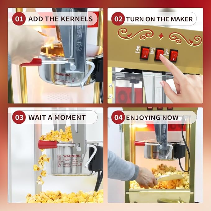 12Oz Nostalgia Popcorn Maker Machine Professional Cart, Vintage Popcorn Machine with 4 Cups & 1 Scoop, Movie Theater Style, Red