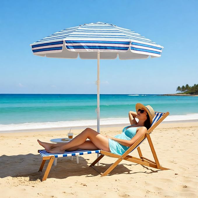 LOTTAFUN 6ft Beach Umbrella - Heavy Duty Wind Resistant UV 50+ Portable Sun Shade with Sand Anchor & Carry Bag, Outdoor Folding Umbrella for Beach, Pool, Patio, Garden (Blue diagonal strip) No Tilt The sand needs to exceed the spiral 6inch