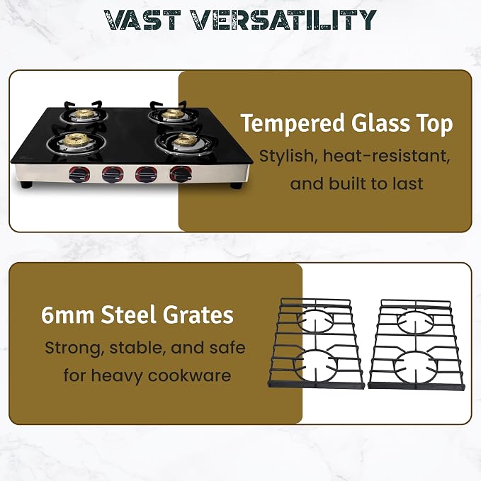 4 Burner Gas Stove Top, 25" Black Tempered Glass Countertop Stove | Stainless Steel 4 Burner Cooktop Burners RV Stove for Cooking Range Gas with Hose & Regulator to Connect Propane Cooktop