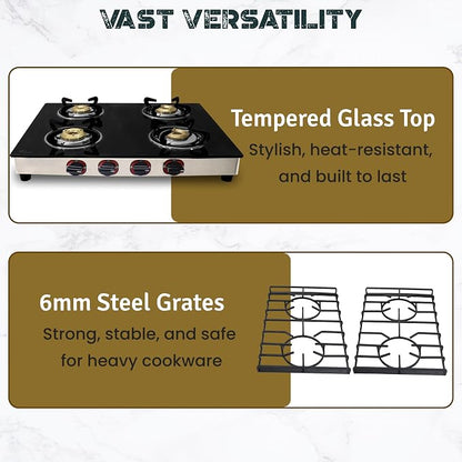 4 Burner Gas Stove Top, 25" Black Tempered Glass Countertop Stove | Stainless Steel 4 Burner Cooktop Burners RV Stove for Cooking Range Gas with Hose & Regulator to Connect Propane Cooktop