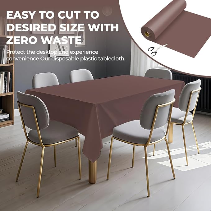 54 Inch X 100 Feet Plastic Table Cover Roll Premium Disposable Plastic Tablecloth for All Type/Shape Tables | Picnic, Party, Banquet, Birthdays, Weddings (Brown, 54 Inch X 100 Feet)