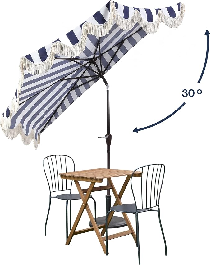 JONATHAN Y Beverly 9 ft. Striped Half Umbrella, Navy/Dark Brown | Coastal Scalloped Fringe, Crank Lift, 30 Degree Manual Tilt, UV 50 Polyester Canopy, Aluminum Frame, Space Saving Design