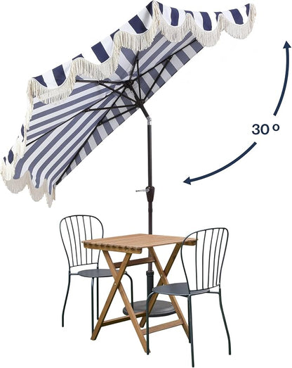 JONATHAN Y Beverly 9 ft. Striped Half Umbrella, Navy/Dark Brown | Coastal Scalloped Fringe, Crank Lift, 30 Degree Manual Tilt, UV 50 Polyester Canopy, Aluminum Frame, Space Saving Design