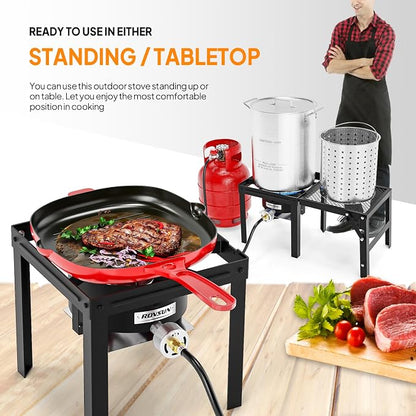 ROVSUN Portable Propane Gas Stove with Foldable Side Rack, Single Burner Camp Stove Cooker for Outdoor Backyard Cooking, Camping, Tailgating, Canning, Turkey Frying & Seafood Boiling, Patent Pending