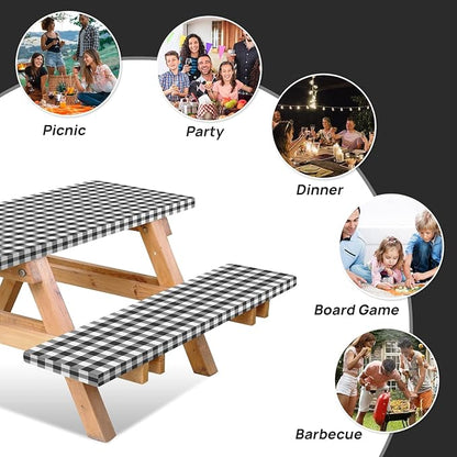 Vinyl Fitted Picnic Table Cover with Bench Covers & Bag 8ft Black Checkered | Vinyl Fitted Picnic Table Cover with Bench Covers and Bag, Outdoor Waterproof Windproof Picnic Tablecloth with Elastic Edges.