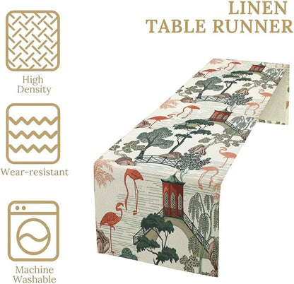 Vintage Oriental Landscape Table Runner Chinese Japanese Chinoiserie Tropical Trees Flamingo Seasonal Summer Holiday Dinner Runner for Wedding Party Kitchen Dining Decor 13x108in