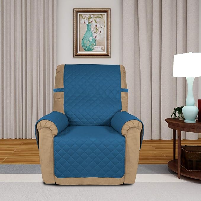 PureFit Reversible Recliner Chair Covers Couch Covers for Dogs, 19 in | Peacock Blue/Beige, Water Resistant Couch Protector, Washable Pet Couch Cover with Non Slip and Elastic Straps For Kids