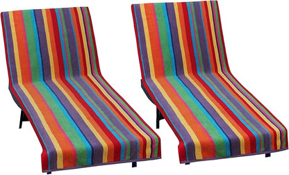 COTTON CRAFT Pool Lounge Chair Cover - 2 Pack Summer of Siam Dobby Terry Towel Chaise Lounge Cover - Soft 100% Cotton Beach Chair Cover - Oversized 32 in W x 82 in L x 7 in Pocket – Multi Color Stripe