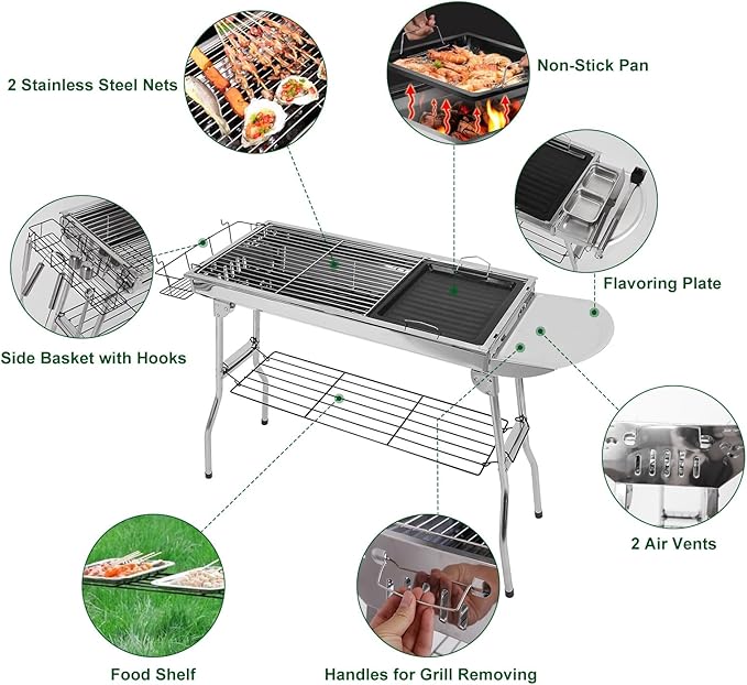 IMOUNTEK Portable Charcoal Grill, Foldable BBQ Grill, Barbecue Grill, Hibachi Grill Outdoor, Kabob Grill, Stainless Steel Charcoal Grill for Camping, Picnic, Patio, Travel, Silver, SKJ001