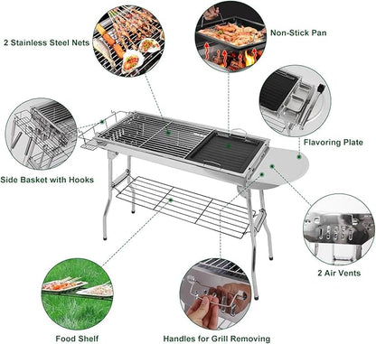 IMOUNTEK Portable Charcoal Grill, Foldable BBQ Grill, Barbecue Grill, Hibachi Grill Outdoor, Kabob Grill, Stainless Steel Charcoal Grill for Camping, Picnic, Patio, Travel, Silver, SKJ001