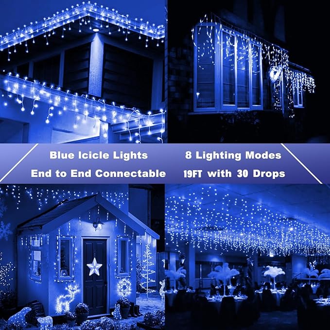Joomer 19FT Christmas Icicle Lights Outdoor Connectable Blue | 30 Drops 8 Modes Timer Waterproof Plug-in String Light for Christmas Party, holiday Eaves Roof yard Xmas Decorations