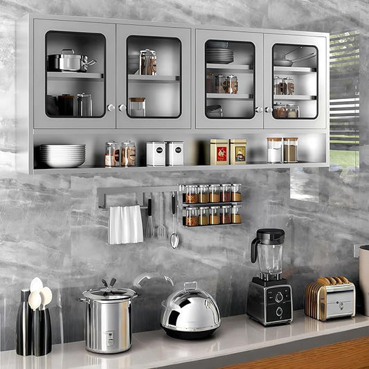 ZZV Kitchen Wall Cabinet, Stainless Steel Wall Mounted Cabinet with Adjustable Shelves, Industrial Wall Storage Cabinet for Garage, Warehouse, No Assembly Required, 11.82D x 70.87W x 27.56H in